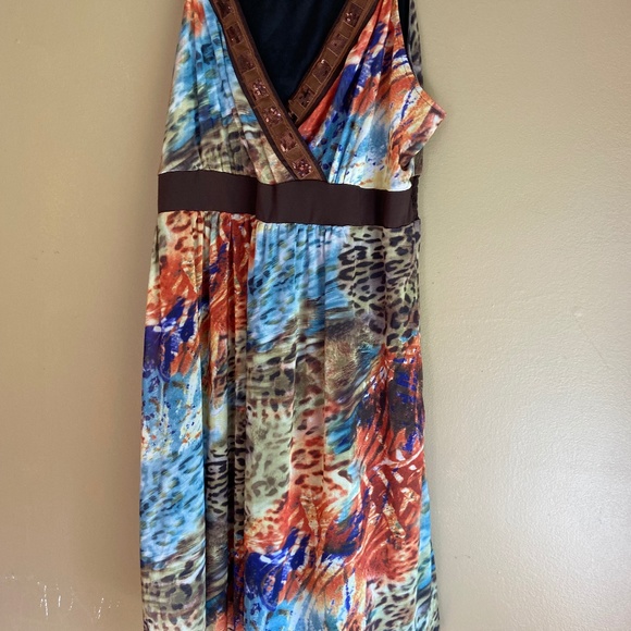 Plus size women's 2X dress brown blue yellow multi color sleeveless - Picture 2 of 5